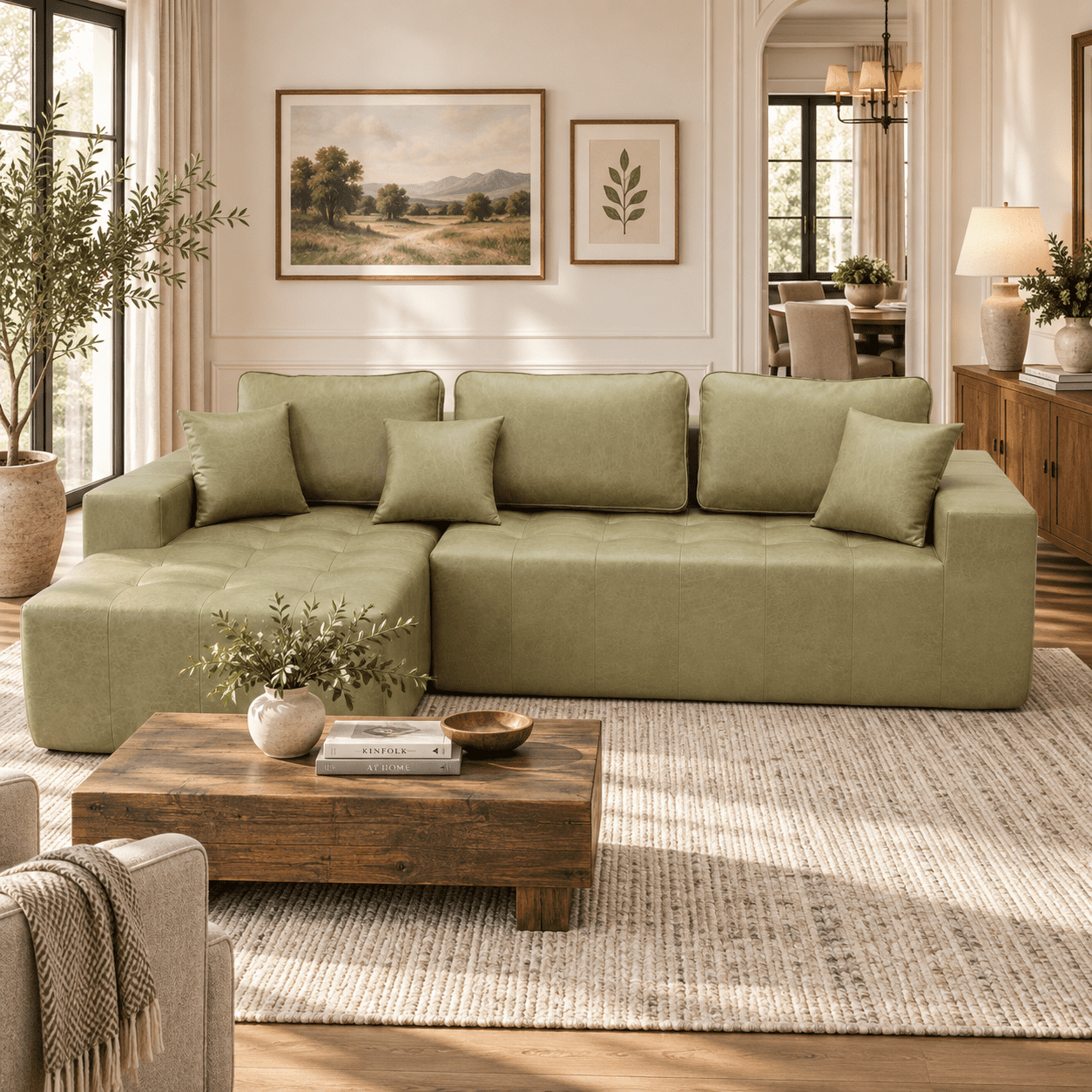 Howcool Boneless Cloud Sectional Sofa with Chaise,Faux Leather L-Shaped Couch,Deep Seat Modular Sofa with Wide Armrests,No Assembly Required,Left-Facing,Green