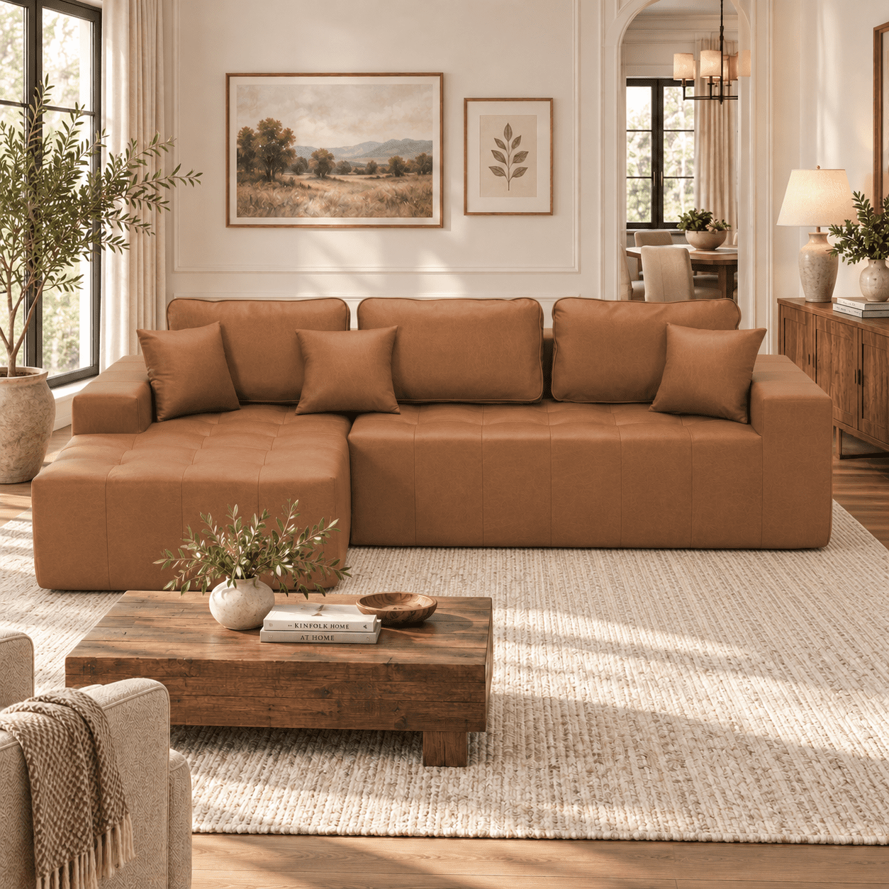 Howcool Boneless Cloud Sectional Sofa with Chaise,Faux Leather L-Shaped Couch,Deep Seat Modular Sofa with Wide Armrests,No Assembly Required,Left-Facing,Light Brown