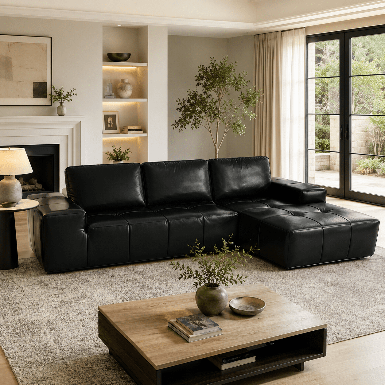 Howcool Boneless Cloud Sectional Sofa with Chaise,Faux Leather L-Shaped Couch,Deep Seat Modular Sofa with Wide Armrests,No Assembly Required,Right-Facing,Black