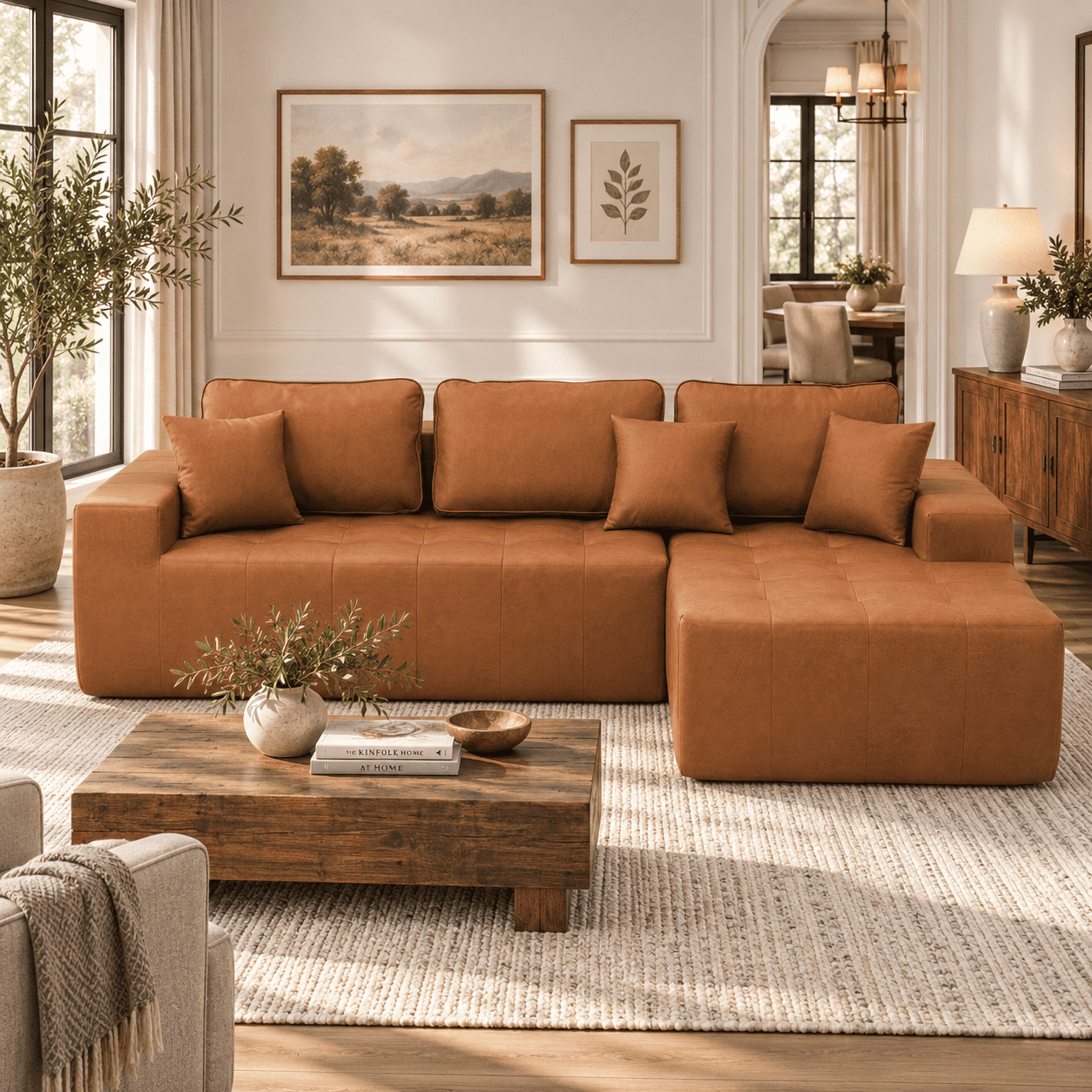 Howcool Boneless Cloud Sectional Sofa with Chaise,Faux Leather L-Shaped Couch,Deep Seat Modular Sofa with Wide Armrests,No Assembly Required,Right-Facing,Light Brown