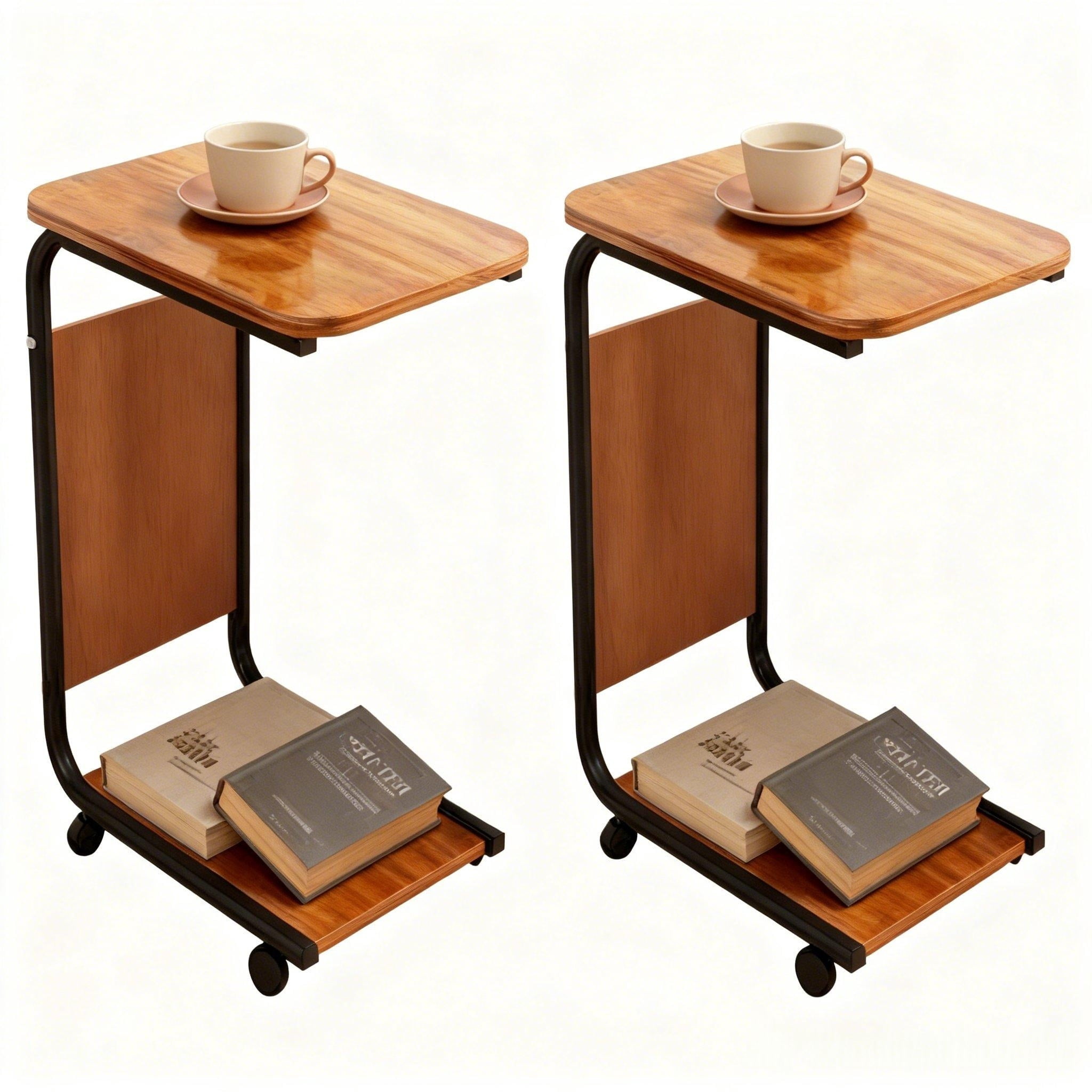 Howcool C-Shaped End Table with Wheels, 25.1" Mobile Sofa Side Table Slide Under Couch, Double Layer Storage & Side Pocket, Space Saving Brown for Living Room Bedroom, 2-Pack