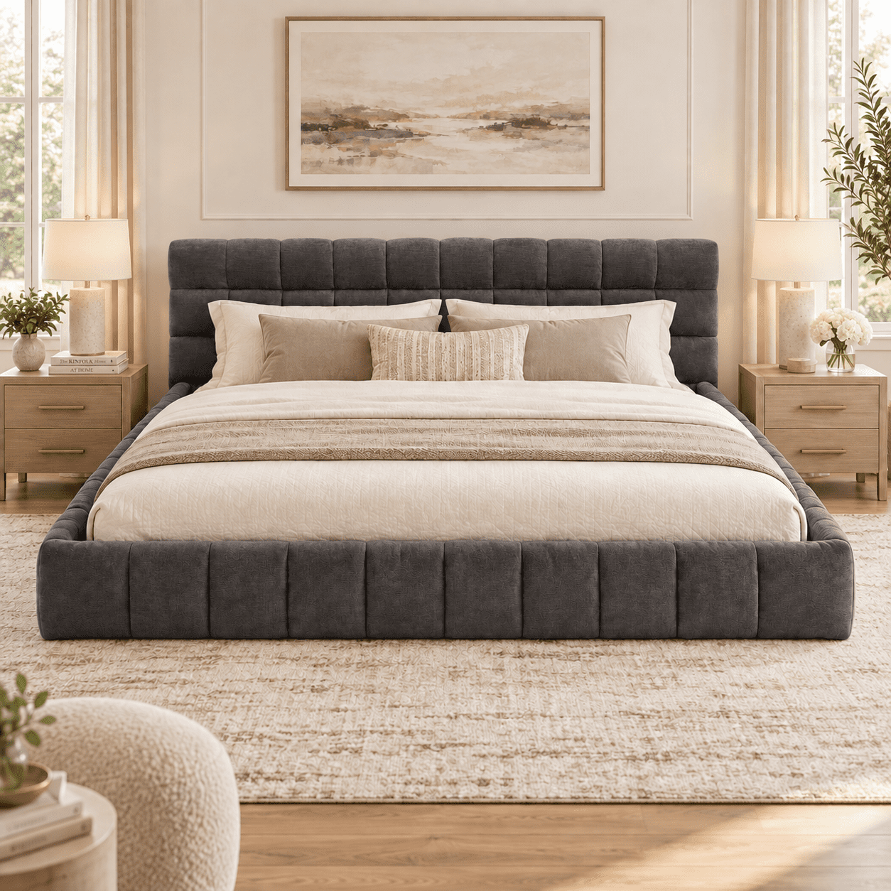 Howcool California King Size Chenille Upholstered Platform Bed Frame with Padded Headboard,Low Profile Bed with Wood Slats,No Box Spring Needed,Dark Gray