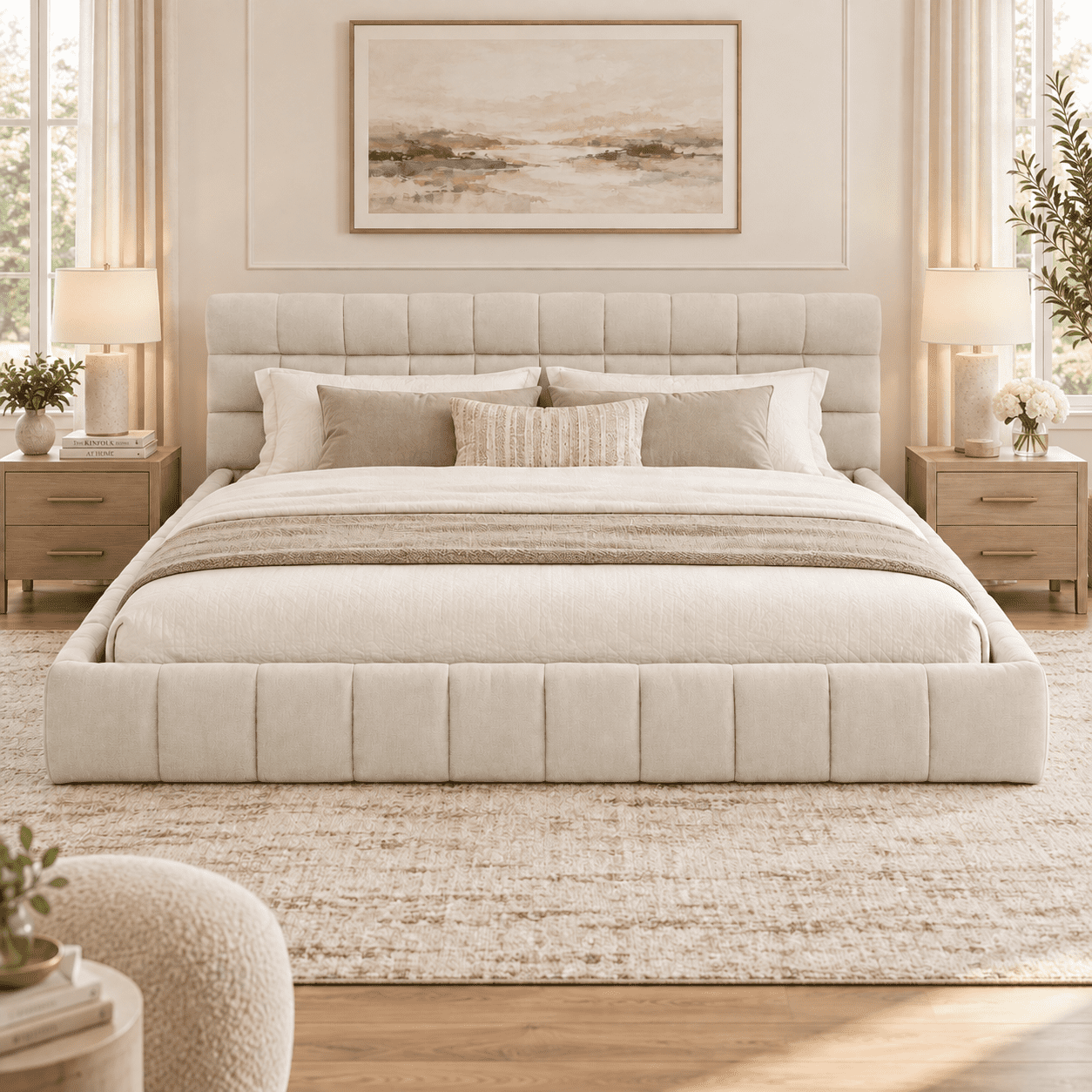 Howcool California King Size Chenille Upholstered Platform Bed Frame with Padded Headboard,Low Profile Bed with Wood Slats,No Box Spring Needed,Beige