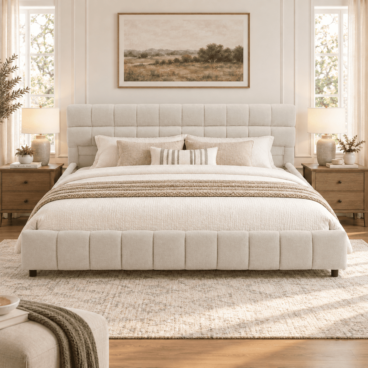 Howcool California King Size Upholstered Platform Bed Frame with 4 Storage Drawers,Tufted Headboard,Chenille Low-profile Bed with Wooden Slats,No Box Spring Needed,Beige
