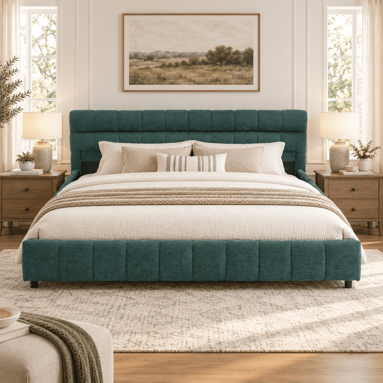 Howcool California King Size Upholstered Platform Bed Frame with 4 Storage Drawers,Tufted Headboard,Chenille Low-profile Bed with Wooden Slats,No Box Spring Needed,Blue+Green