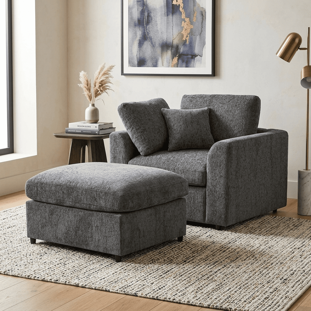 Howcool Chenille Accent Chair with Ottoman,Modern Lounge Chair Set with Solid Wood Frame,Comfy Armchair with Throw Pillow for Living Room,Apartment,Gray