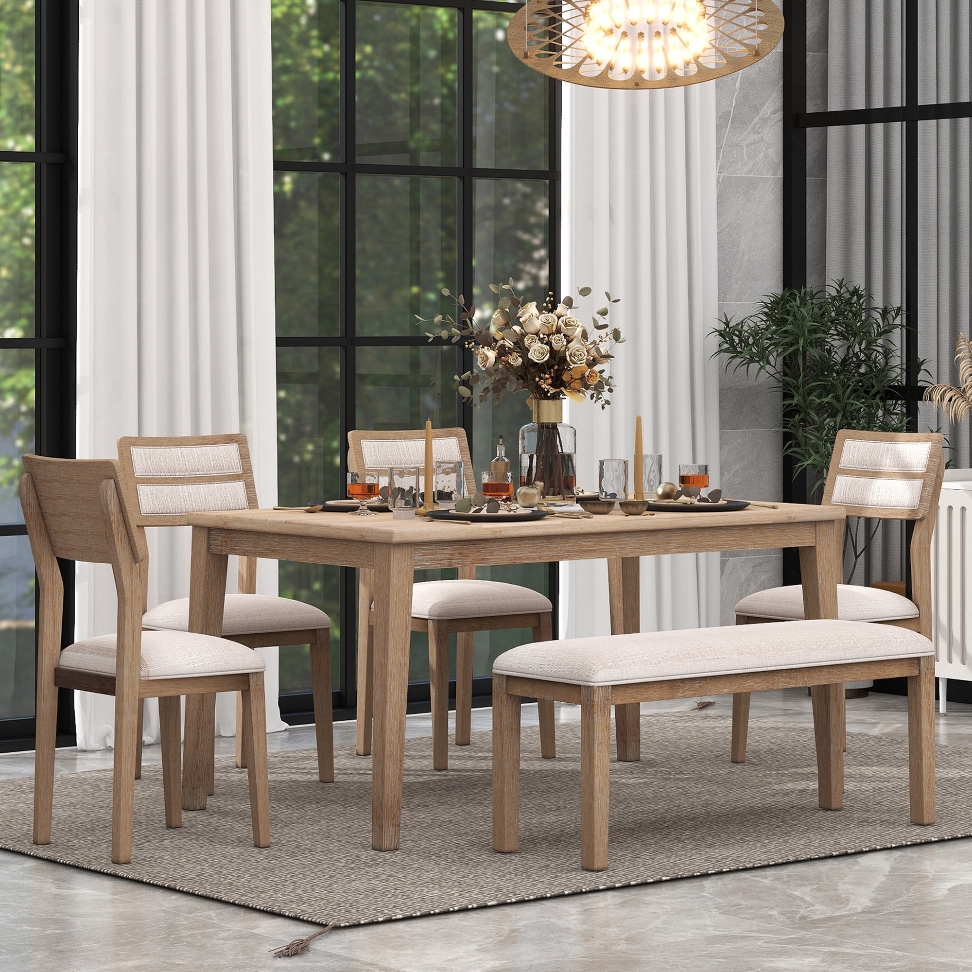 Howcool Classic Traditional 6-Piece Dining Set, Table, 4 Upholstered Chairs & Bench, Natural Wood Wash