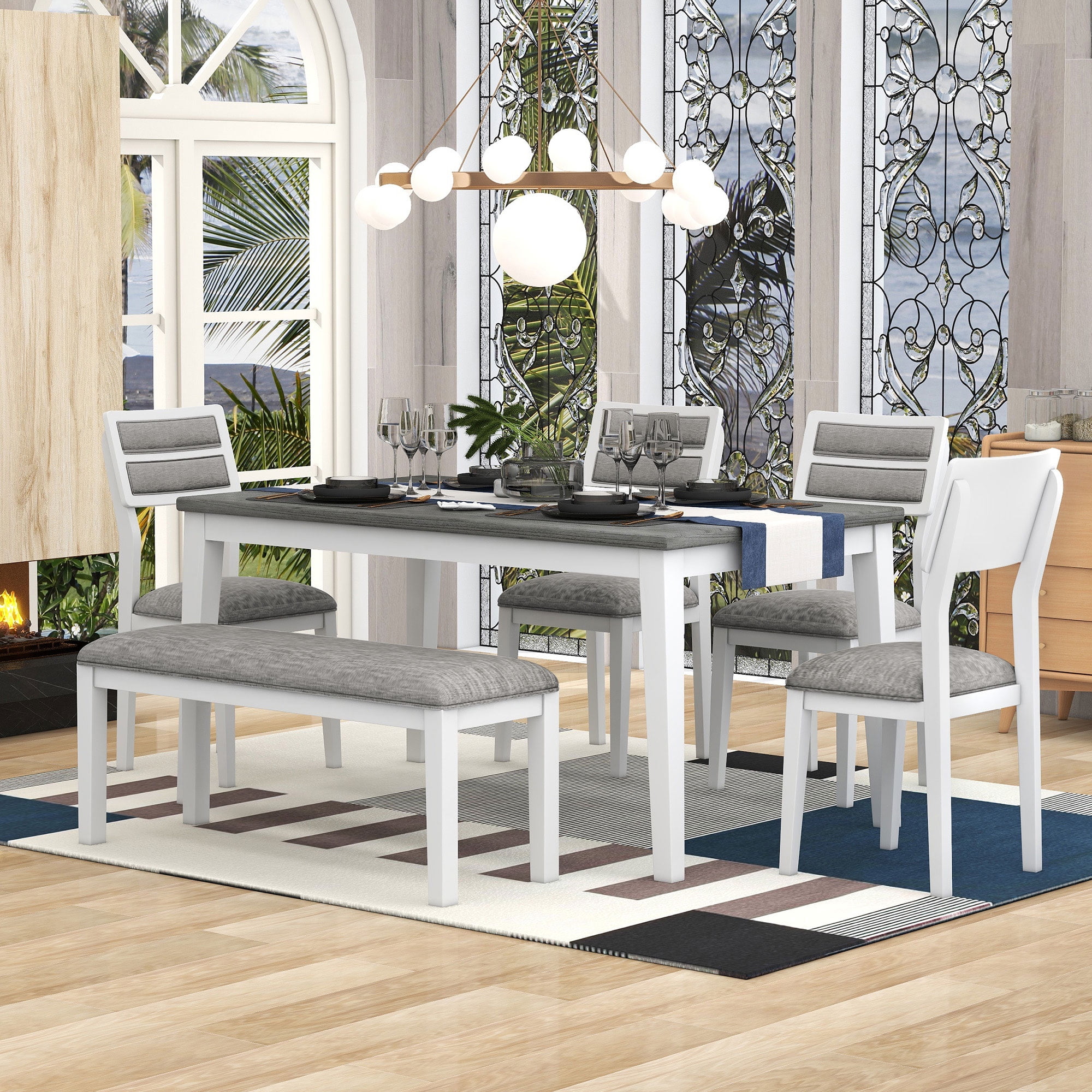 Howcool Classic Traditional 6-Piece Dining Set, Table, 4 Upholstered Chairs & Bench, White + Gray