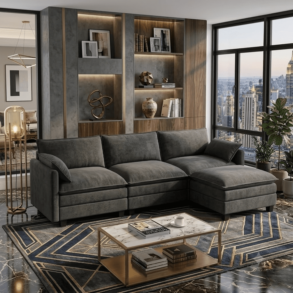 Howcool Cloud Couch Modular Sectional Sofa 3 Seat 107" L Shaped Convertible Couch Chenille Thick Cushion with Ottoman, Removable & Washable Cover for Living Room, Dark Gray