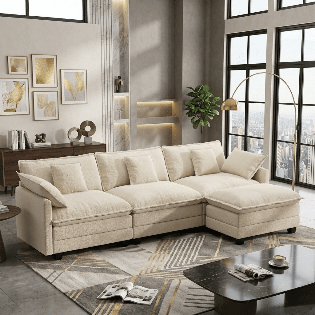 Howcool Cloud Couch Modular Sectional Sofa 3 Seat 107" L Shaped Convertible Couch Chenille Thick Cushion with Ottoman, Removable & Washable Cover for Living Room, Beige