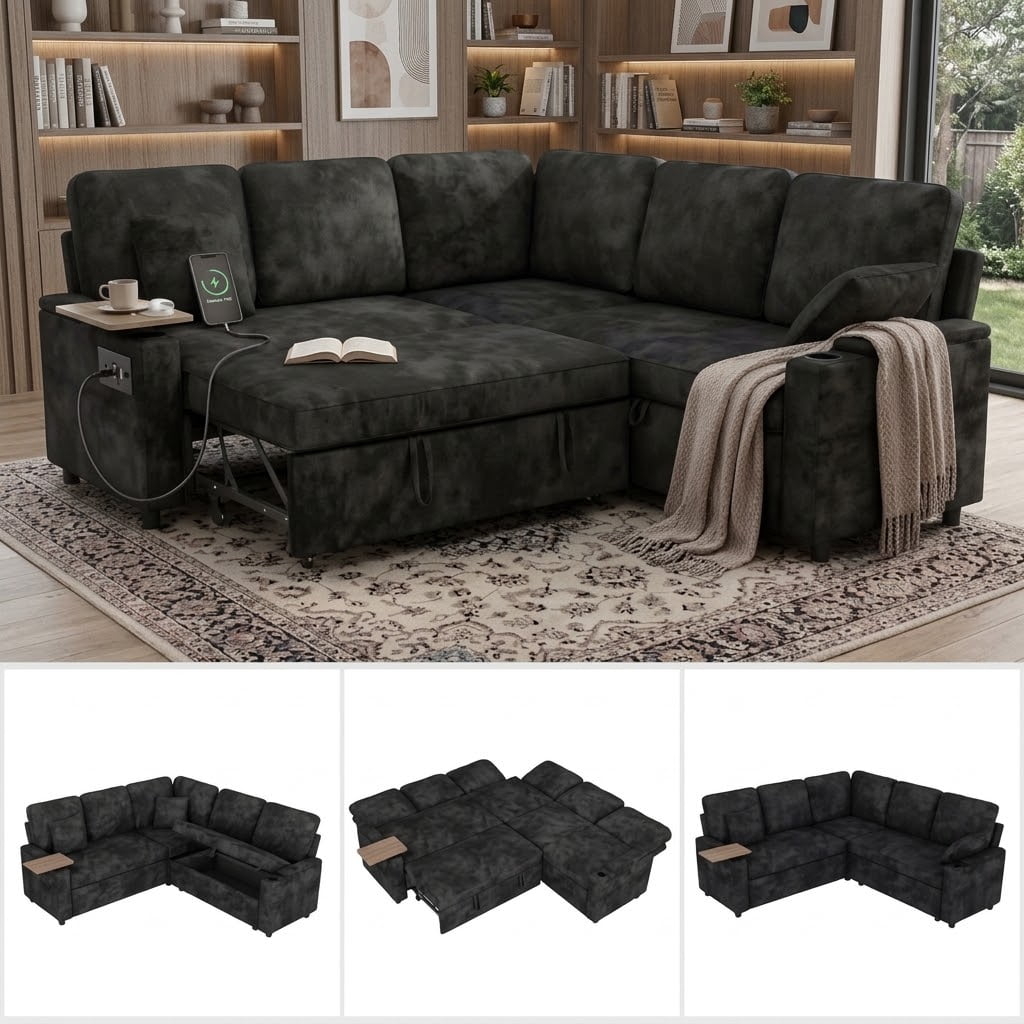 EPOWP 81" Sectional Sleeper Sofa, 5-Seater L-Shaped Modular Couch with Pull-Out Bed, Storage Chaise, USB & Type-C Charging Ports, Cup Holders, Chenille Sofa for Living Room, Apartment, Black