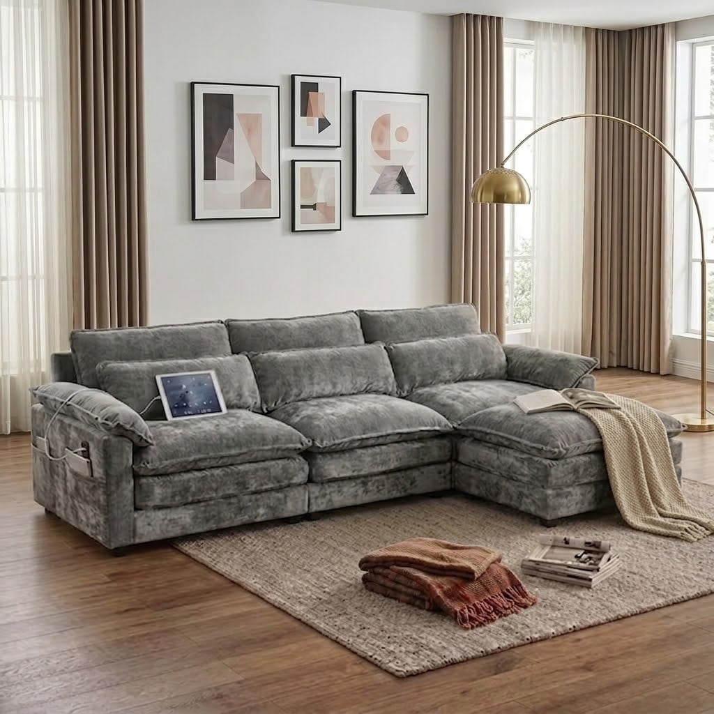 Howcool 113" Modular Sectional Sofa, L-Shaped 3 Seater Cloud Couch with Movable Ottoman, Deep Seat Chenille Sofa with USB Charging Ports & Side Pockets for Living Room, Grey