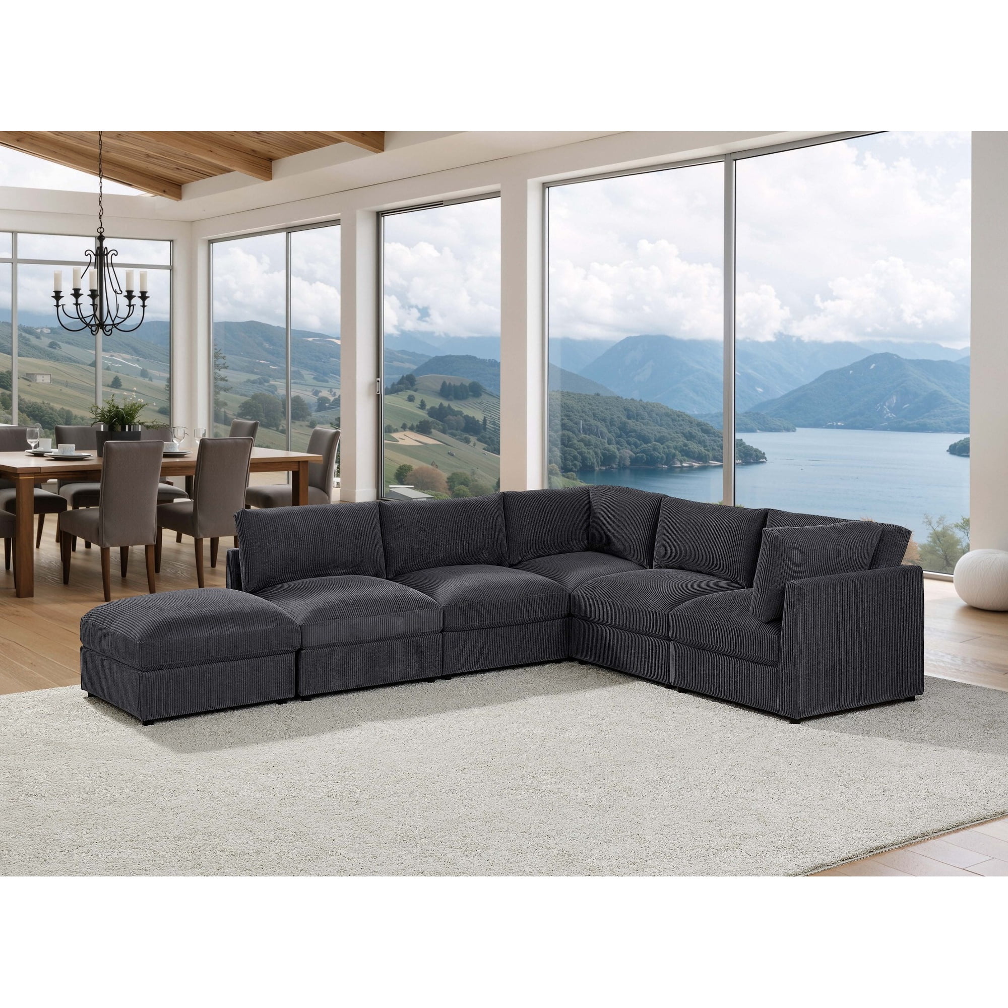 Howcool Cloud Couch Modular Sectional Sofa 6 Seat 127" L Shaped Reversible Convertible Couch, Corduroy Thick Cushion with Movable Ottomans, Washable Removable Cover for Living Room,Black