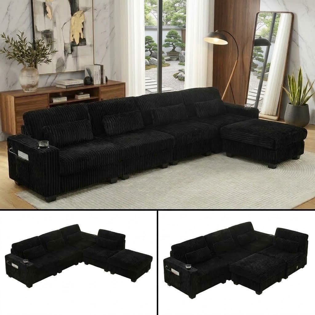 Howcool 125" 5 Seat Modular Sectional Sofa, L Shaped Deep Seat Cloud Couch with Movable Ottoman, Corduroy Sofa with Cup Holders & Lumbar Pillows for Living Room, Black