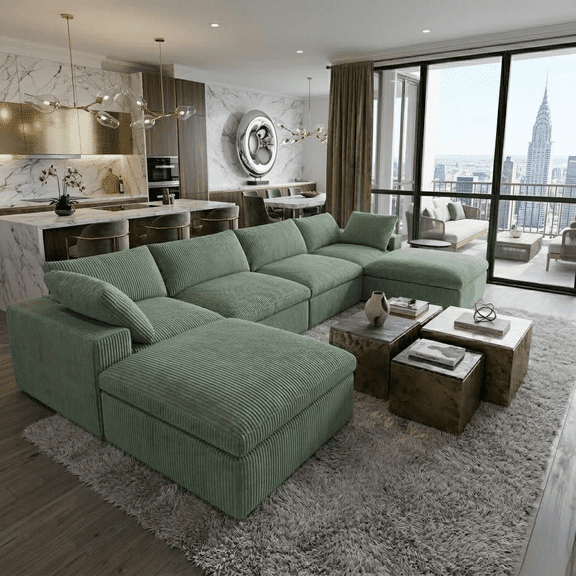 Howcool Cloud Couch Modular Sectional Sofa 6 Seat 134" U Shaped Convertible Couch Corduroy Thick Cushion with 2 Storage Ottomans and Toss Pillows Washable Removable Cover for Living Room,Dark Green