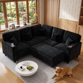 Howcool 81" Sectional Sleeper Sofa with Pull Out Bed, Modular L-Shaped Chenille Couch with Storage Chaise, USB Charging Ports & Cup Holders for Living Room, Apartment, Black