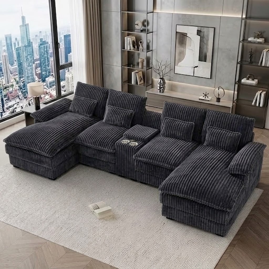 Howcool 124" U Shaped Modular Sectional Sofa, 6 Seat Oversized Cloud Couch with Double Chaise & Central Console, Plush Corduroy Sectional Couch with USB Ports, for Living Room,Dark Grey