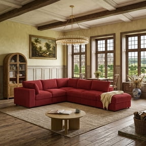 Howcool Cloud Couch Modular Sectional Sofa 6 Seat 122" L Shaped Reversible Convertible Couch, Corduroy Thick Cushion with Movable Ottomans, Washable Removable Cover for Living Room,Red