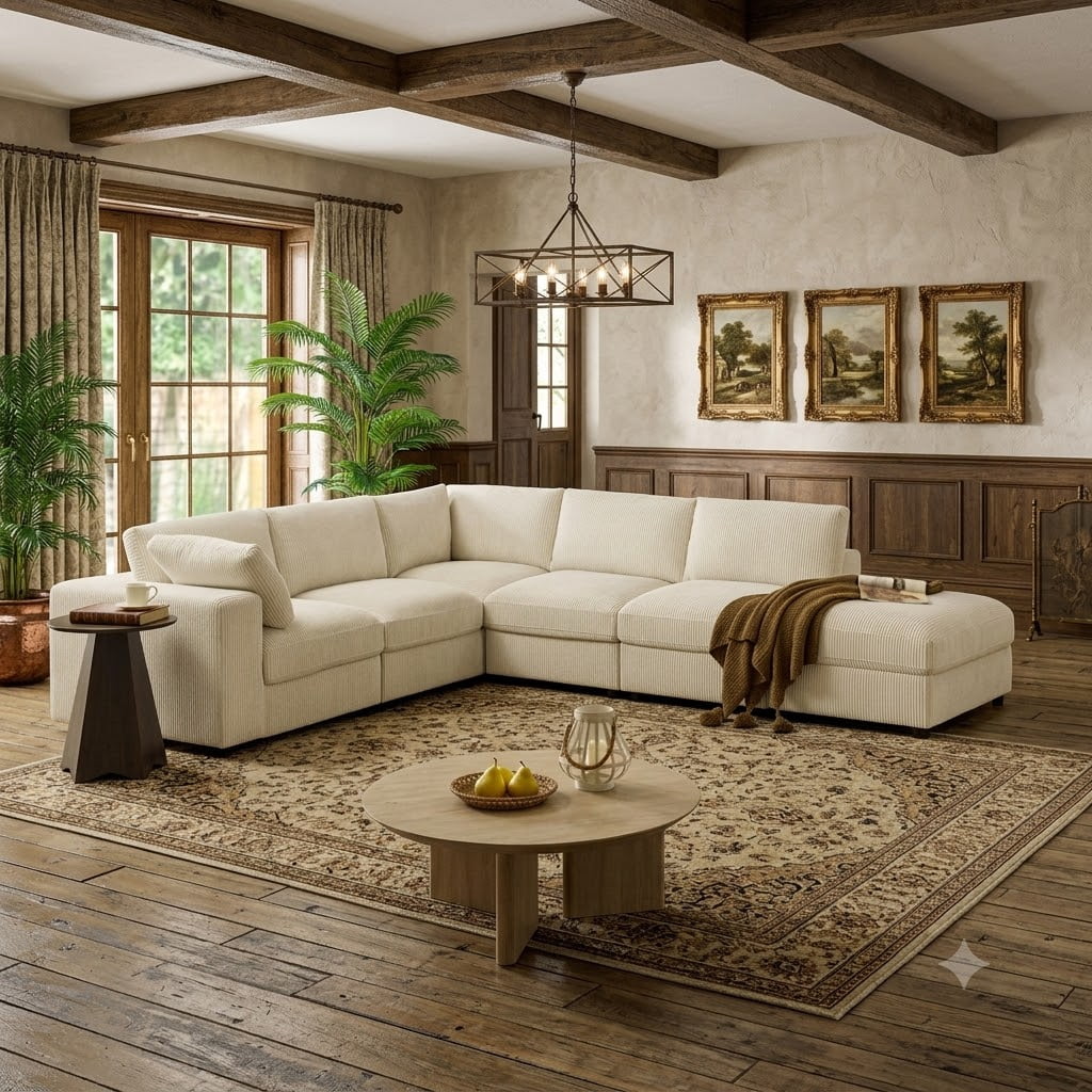 Howcool Cloud Couch Modular Sectional Sofa 6 Seat 122" L Shaped Reversible Convertible Couch, Corduroy Thick Cushion with Storage Ottomans, Washable Removable Cover for Living Room,Beige
