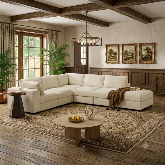 Howcool Cloud Couch Modular Sectional Sofa 6 Seat 122" L Shaped Reversible Convertible Couch, Corduroy Thick Cushion with Storage Ottomans, Washable Removable Cover for Living Room,Beige