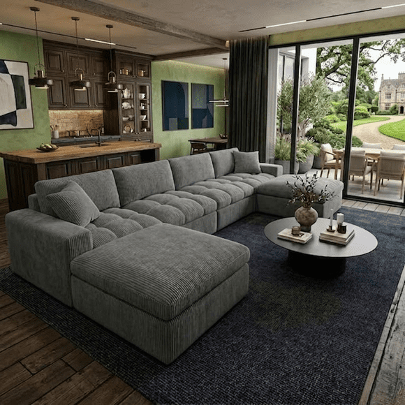 Howcool Cloud Couch Modular Sectional Sofa 6 Seat 134" U Shaped Convertible Couch Corduroy Thick Cushion with 2 Storage Ottomans and Toss Pillows Washable Removable Cover for Living Room,Dark Grey