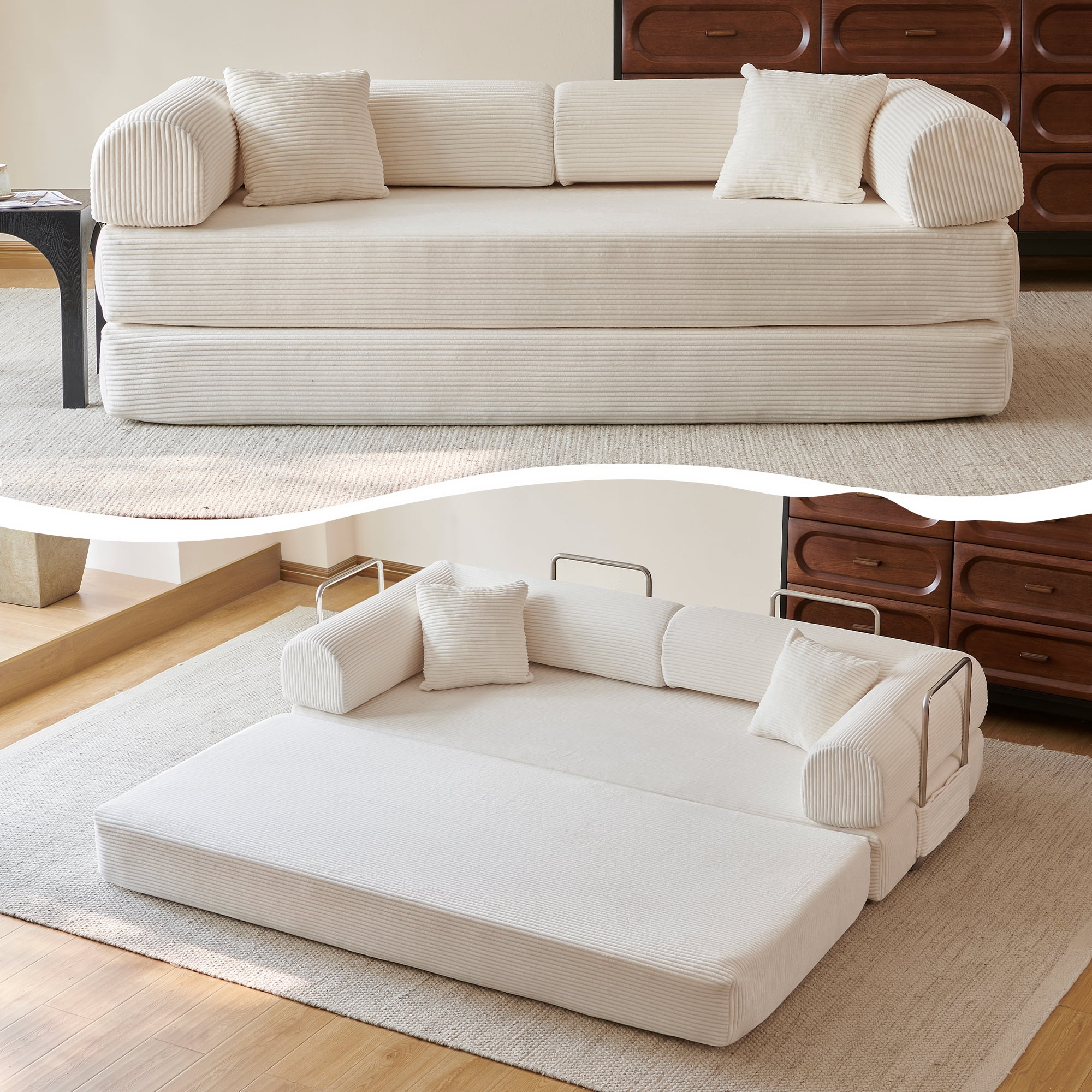 Howcool Convertible Floor Sofa Bed,78.8"W Corduroy Futon Sleeper,Boneless Modular Couch,Folding Floor Sofa Compression Sofa for Living Rooms,No Assembly Required,Beige White