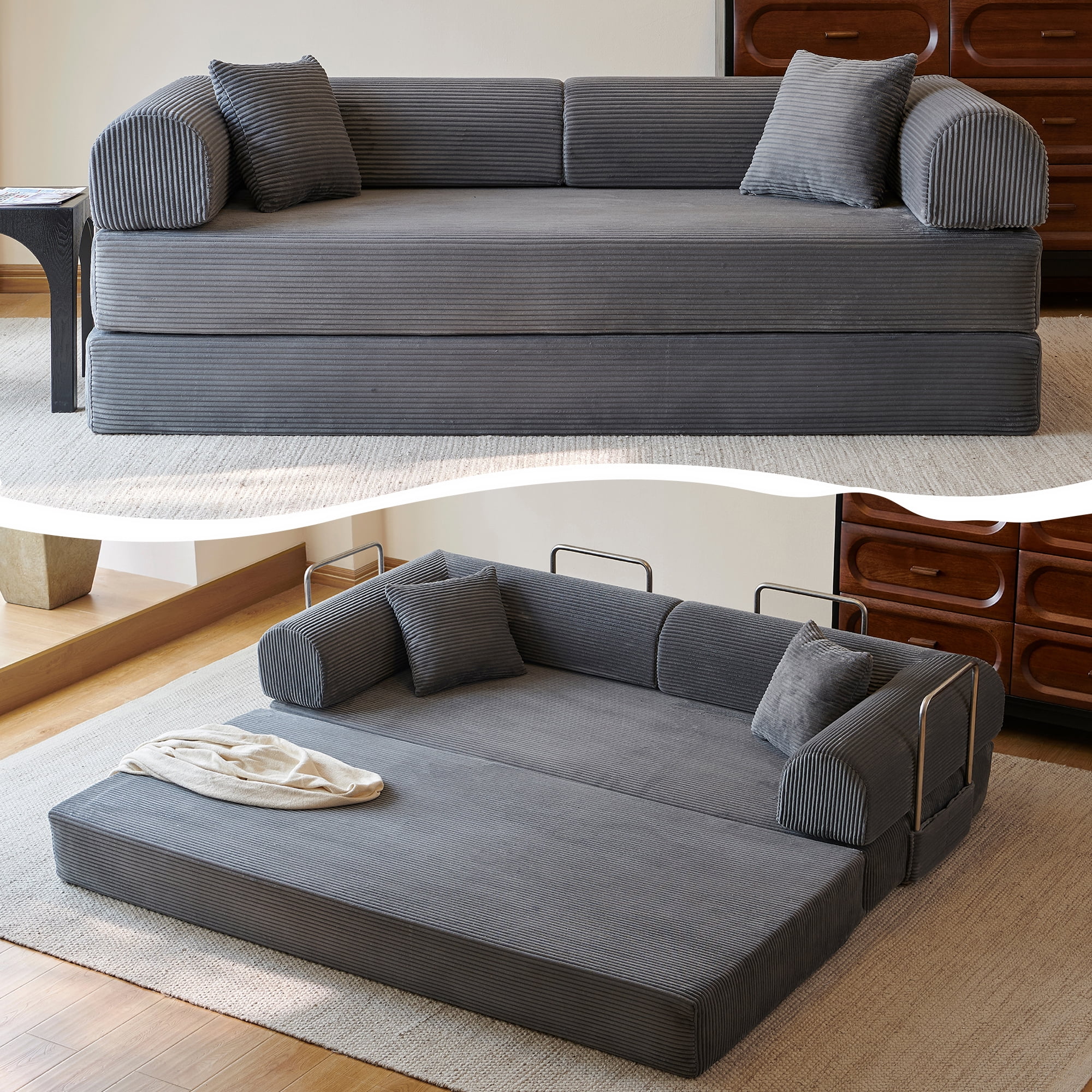 Howcool Convertible Floor Sofa Bed,78.8"W Corduroy Futon Sleeper,Boneless Modular Couch,Folding Floor Sofa Compression Sofa for Living Rooms,No Assembly Required,Gray