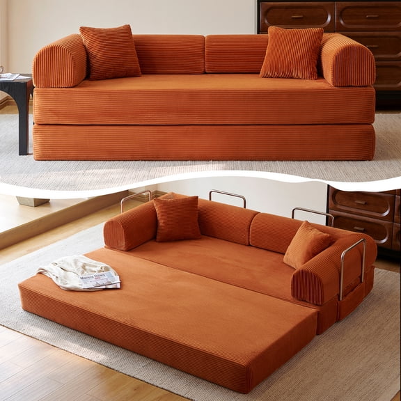 Howcool Convertible Floor Sofa Bed,78.8"W Corduroy Futon Sleeper,Boneless Modular Couch,Folding Floor Sofa Compression Sofa for Living Rooms,No Assembly Required,Orange