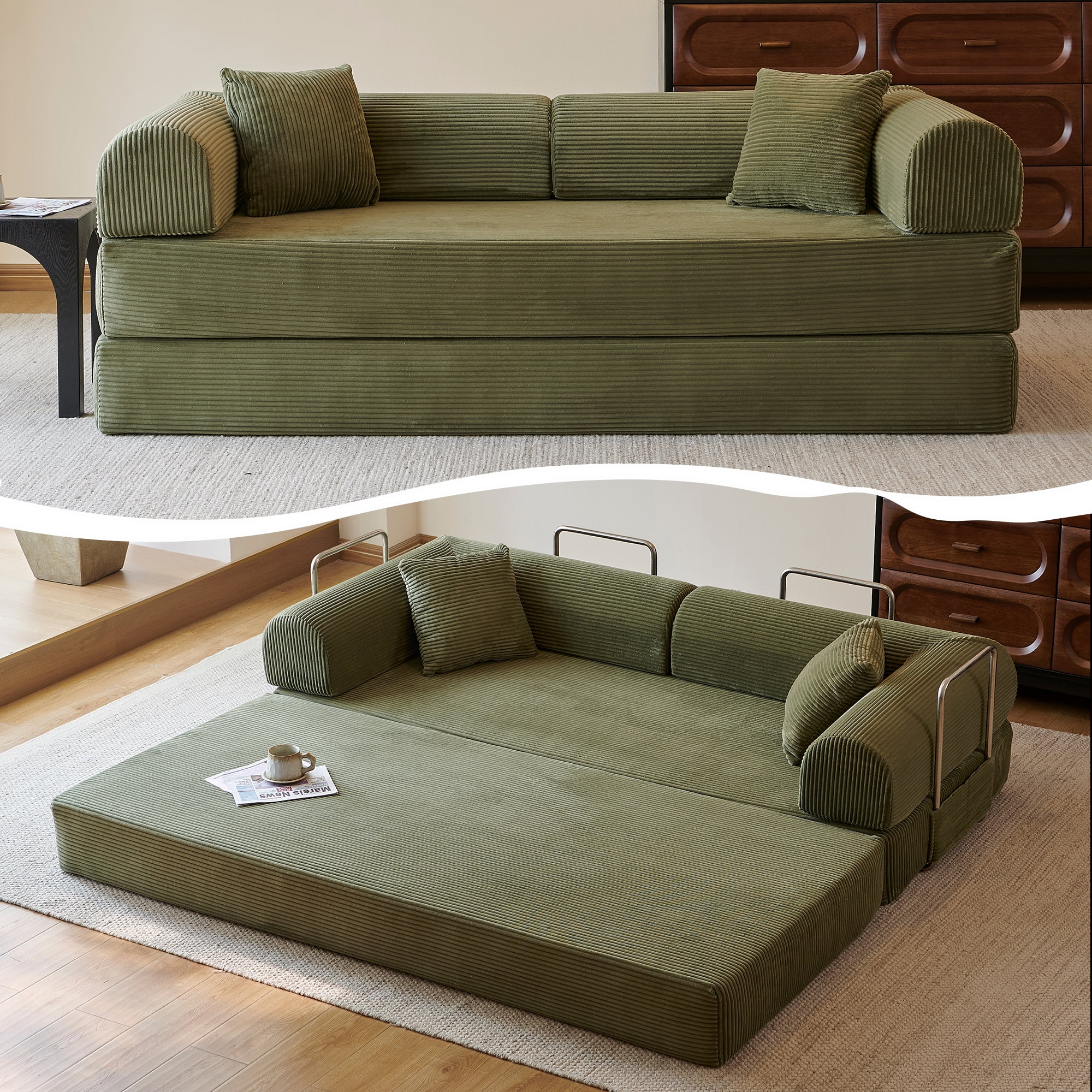 Howcool Convertible Floor Sofa Bed,78.8"W Corduroy Futon Sleeper,Boneless Modular Couch,Folding Floor Sofa Compression Sofa for Living Rooms,No Assembly Required,Green