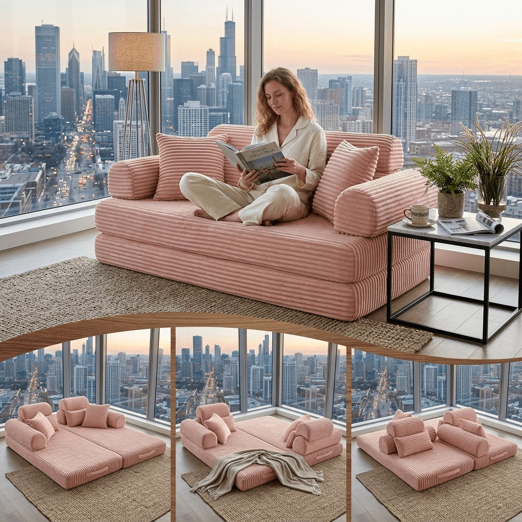 Howcool 78.5" Convertible Sleeper Sofa Bed, Corduroy Foldable Loveseat, Boneless Memory Foam Couch Bed for Living Room, Queen to King Size, No Assembly,Pink