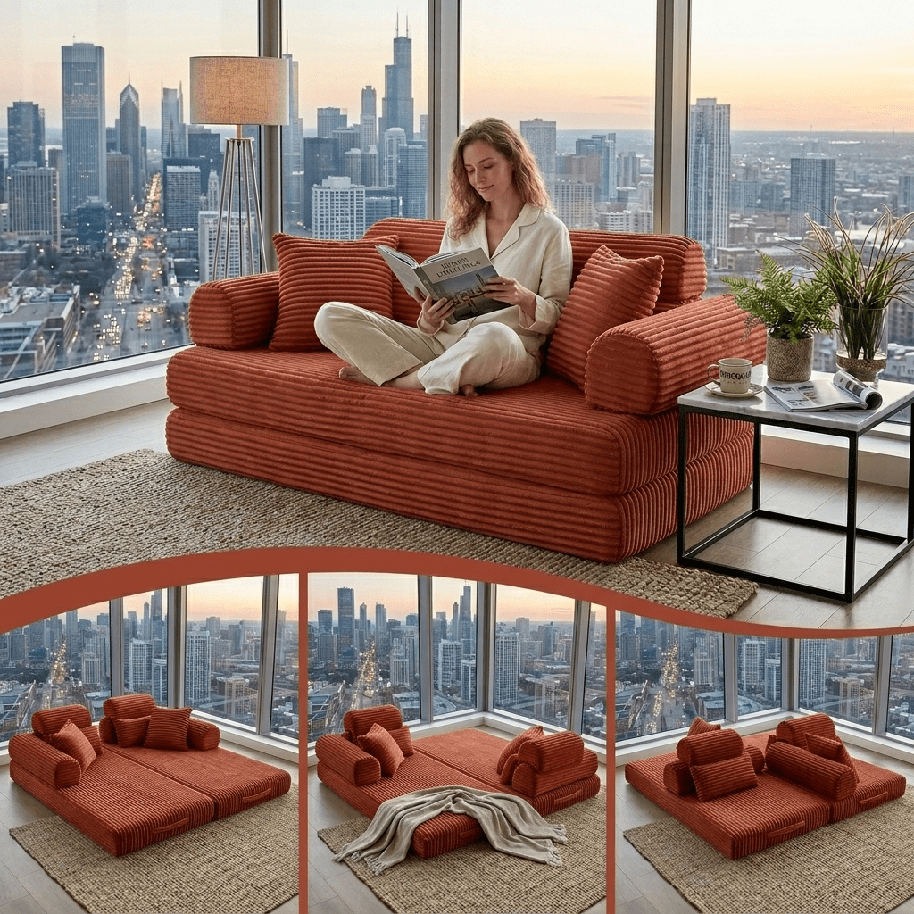 Howcool 78.5" Convertible Sleeper Sofa Bed, Corduroy Foldable Loveseat, Boneless Memory Foam Couch Bed for Living Room, Queen to King Size, No Assembly,Orange