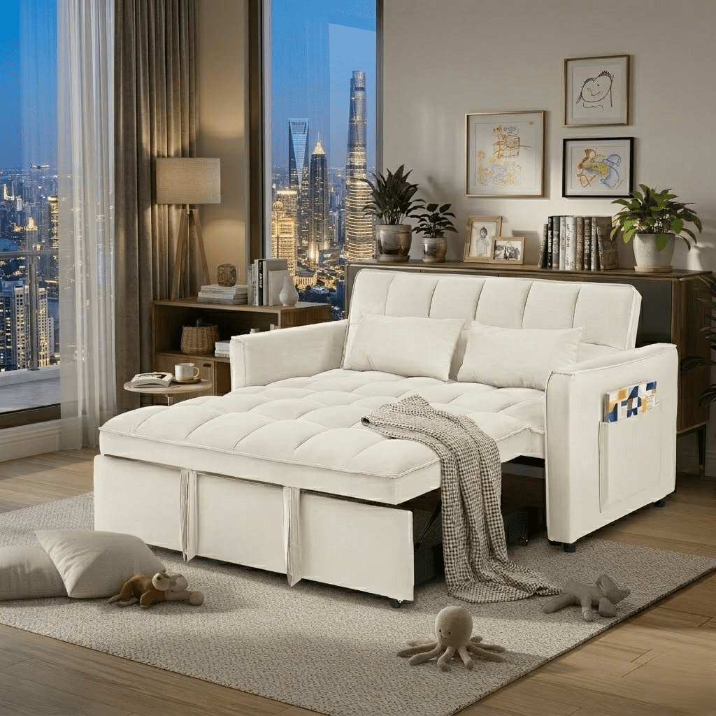Howcool 55" 3 in 1 Convertible Sleeper Sofa Bed, Pull Out Loveseat Couch with Storage Pocket,Beige
