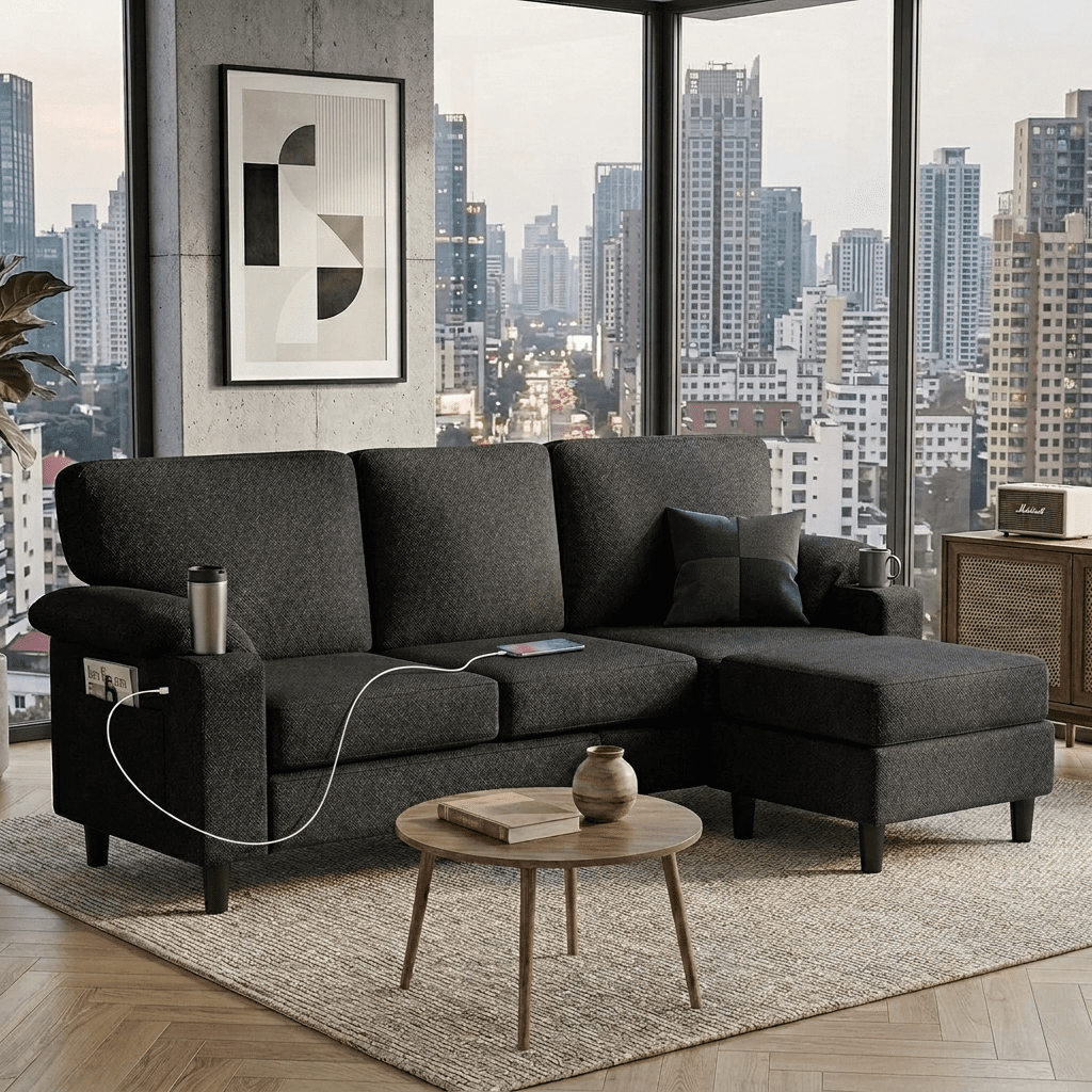 Howcool 80" Convertible Sectional Sofa Couch, L-Shaped Loveseat with Storage Ottoman, USB Ports, Cup Holders & Deep Seats, Modern Teddy Fabric Couch for Apartment Living Room Small Space, Black