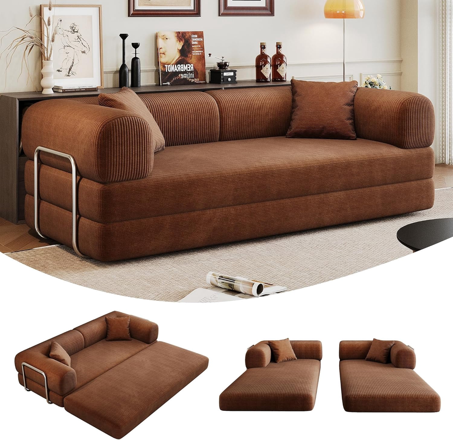 Howcool 79" Convertible Sofa Bed, Corduroy Folding Pull Out Couch with Pillows, Boneless Compression Sofa in a Box, Floor Sofa with Support Rods for Living Room,Brown