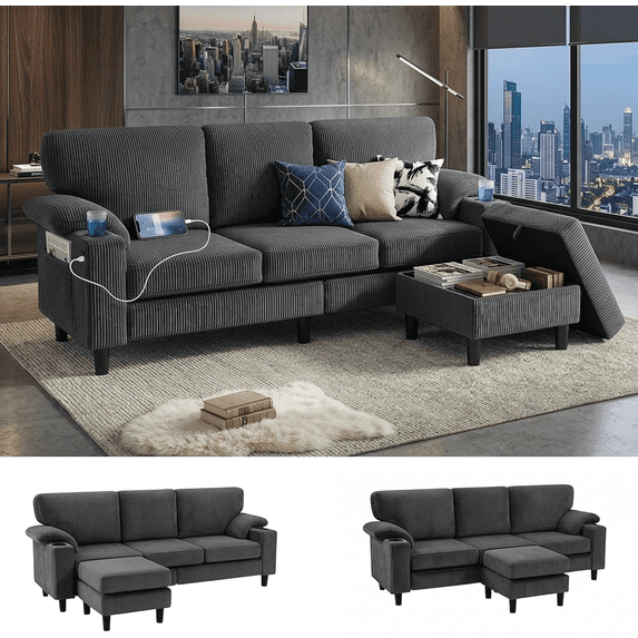 Howcool 80" Convertible Sectional Sofa Couch, L-Shaped Loveseat with Storage Ottoman, USB Ports, Cup Holders & Deep Seats, Modern Corduroy Fabric Couch for Apartment Living Room, Dark Grey