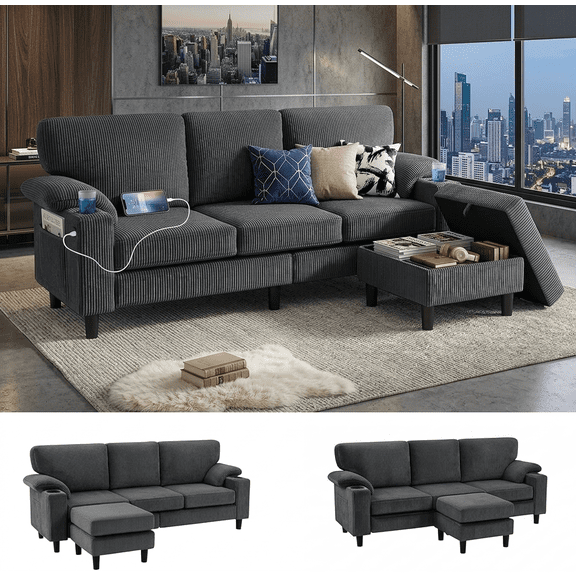Howcool 80" Convertible Sectional Sofa Couch, L-Shaped Loveseat with Storage Ottoman, USB Ports, Cup Holders & Deep Seats, Modern Corduroy Fabric Couch for Apartment Living Room, Dark Grey