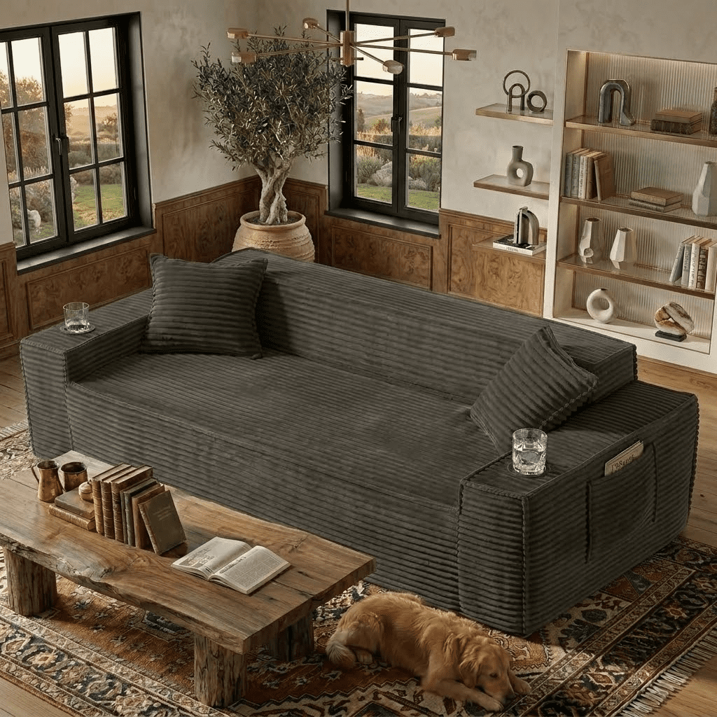 80.7" Boneless Sofa Couches with Cup Holder,3 Seat Couch with Side Pocket, Cloud Couch for Compact Living Rooms, Apartments，Brown
