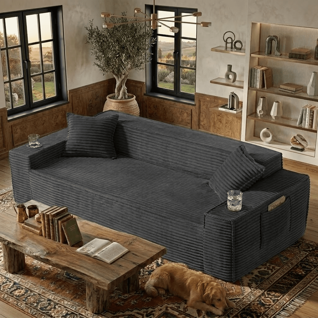80.7" Boneless Sofa Couches with Cup Holder,3 Seat Couch with Side Pocket, Cloud Couch for Compact Living Rooms, Apartments，Dark Grey