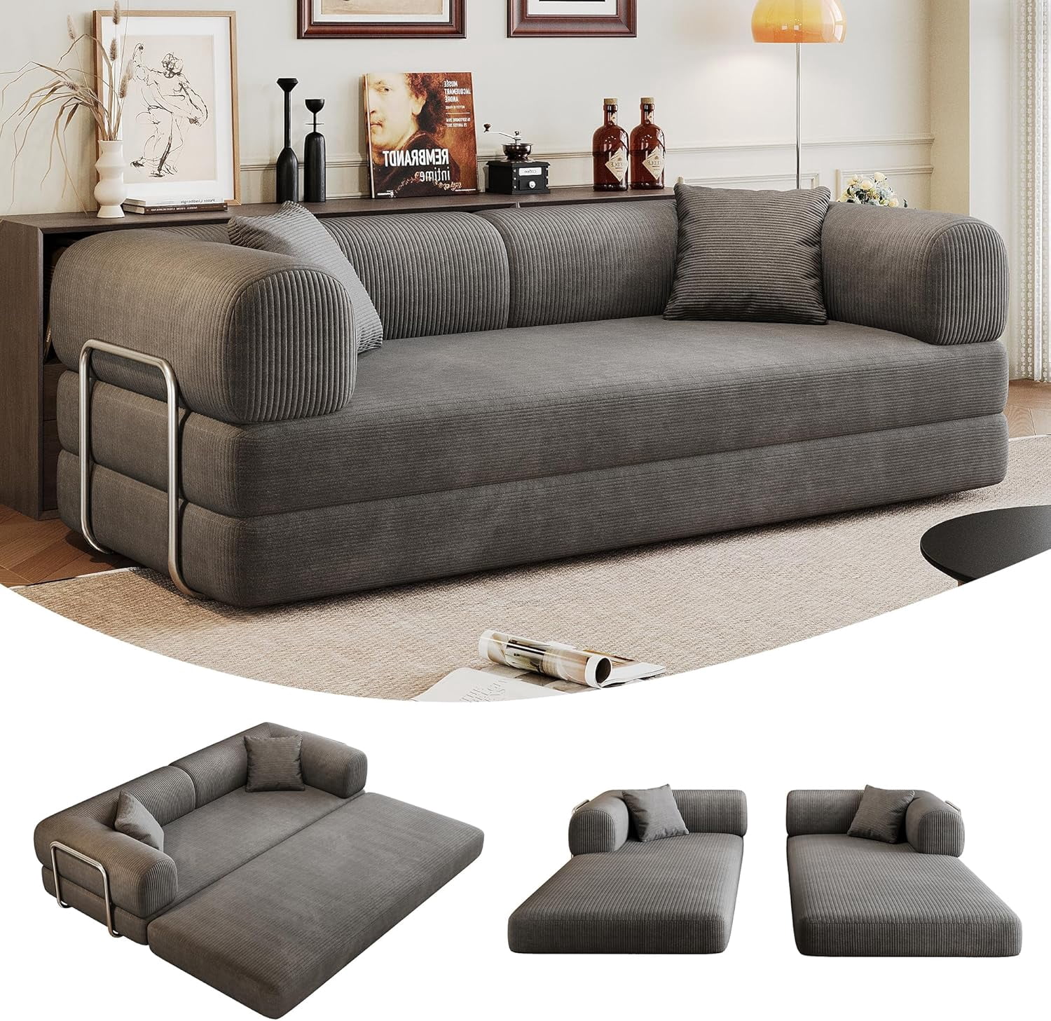 Howcool 79" Convertible Sofa Bed, Corduroy Folding Pull Out Couch with Pillows, Boneless Compression Sofa in a Box, Floor Sofa with Support Rods for Living Room,Gray