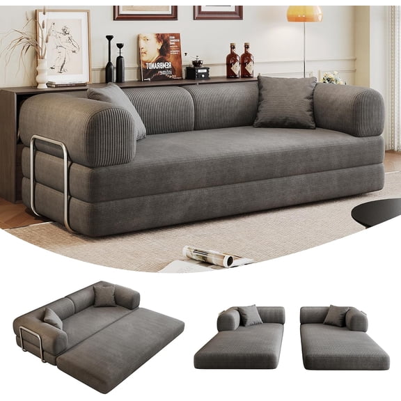 Howcool 79" Convertible Sofa Bed, Corduroy Folding Pull Out Couch with Pillows, Boneless Compression Sofa in a Box, Floor Sofa with Support Rods for Living Room,Gray