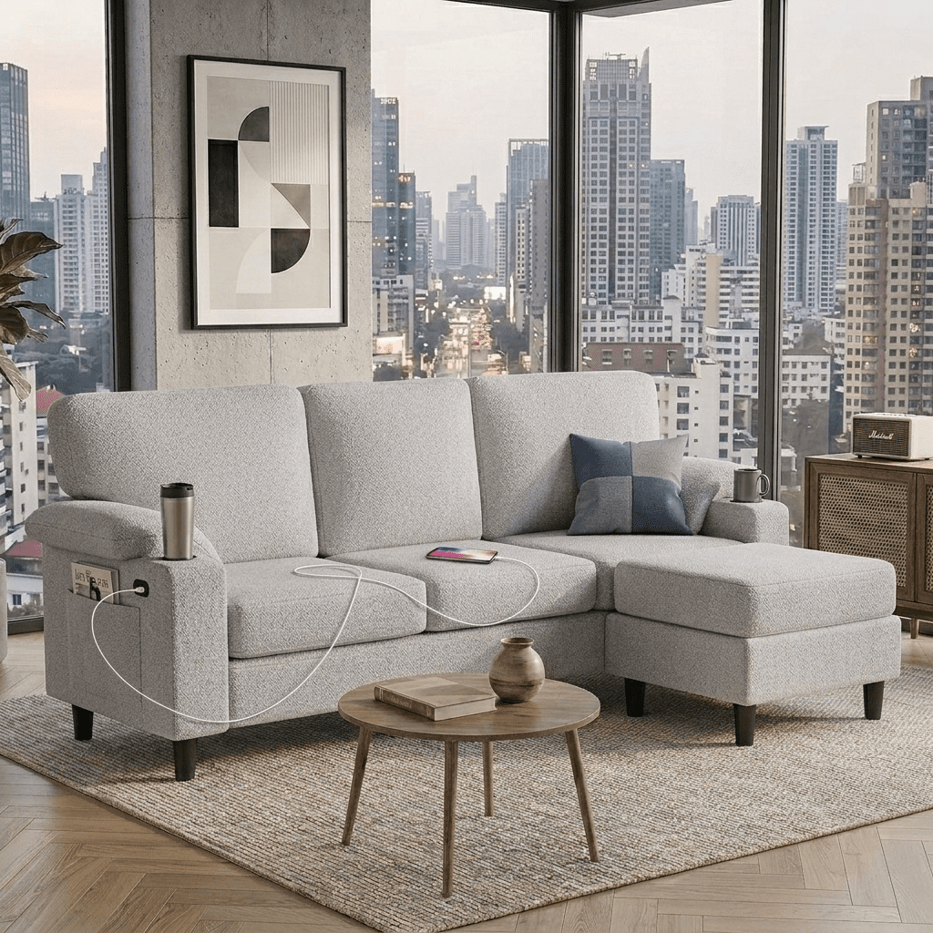 Howcool 80" Convertible Sectional Sofa Couch, L-Shaped Loveseat with Storage Ottoman, USB Ports, Cup Holders & Deep Seats, Modern Teddy Fabric Couch for Apartment Living Room Small Space, Light Grey