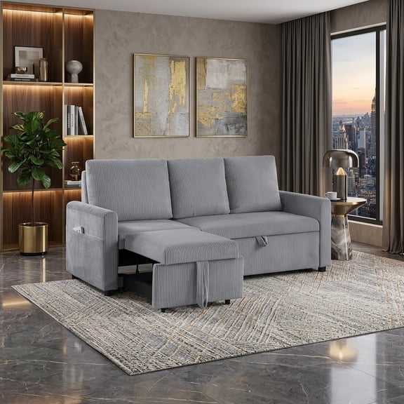 Howcool 70" Sleeper Sofa Bed, Pull Out Couch with Storage, 3 Seat Convertible Sofa with Side Pockets, Soft Corduroy Couch for Living Room, Apartment & Small Space, Gray
