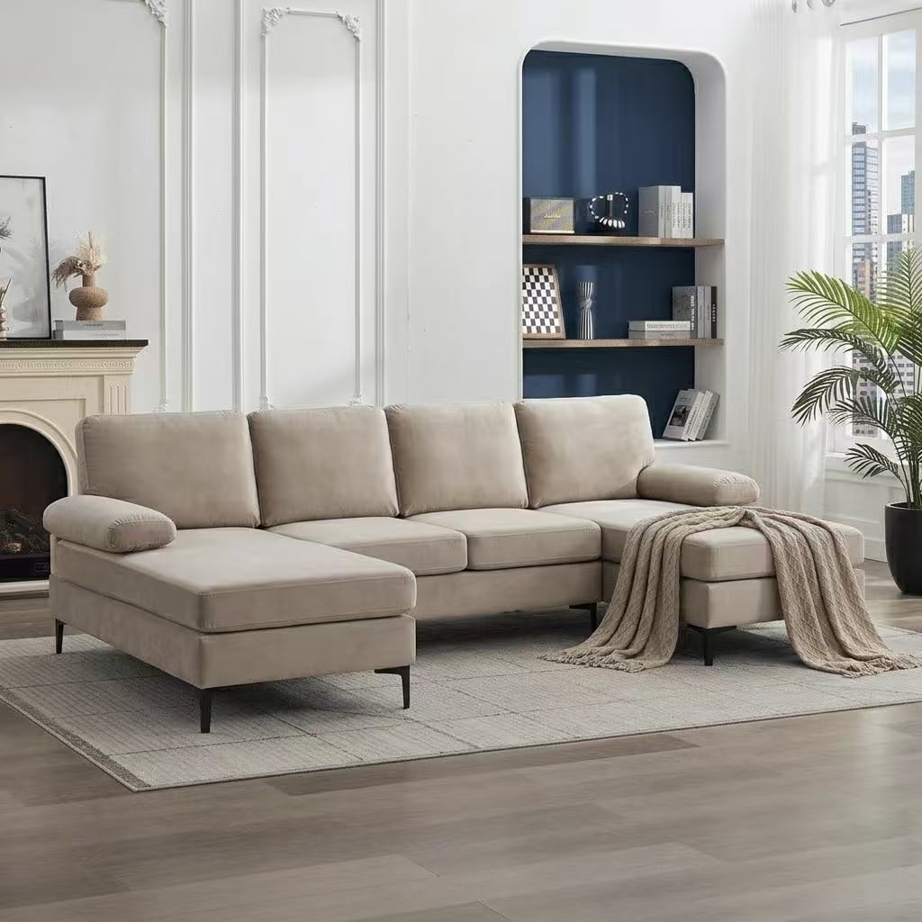 Howcool 106" U-Shaped Sectional Sofa, 4 Seat Modular Couch with Double Chaise, Polyester Blend Upholstered Modern Living Room Furniture with Metal Legs, Khaki