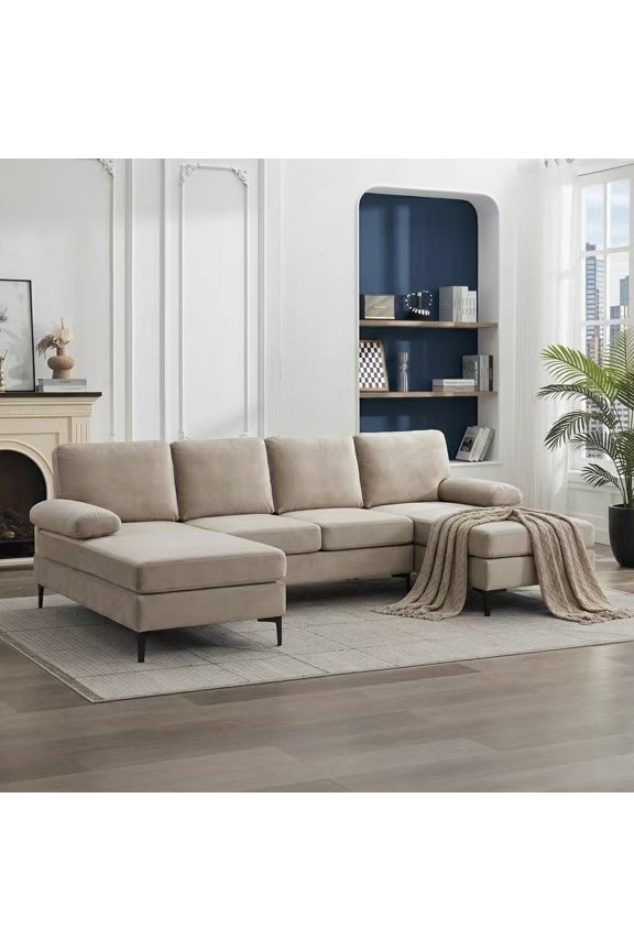 106" U-Shaped Sectional Sofa, 4 Seat Modular Couch with Double Chaise, Polyester Blend Upholstered Modern Living Room Furniture with Metal Legs, Khaki
