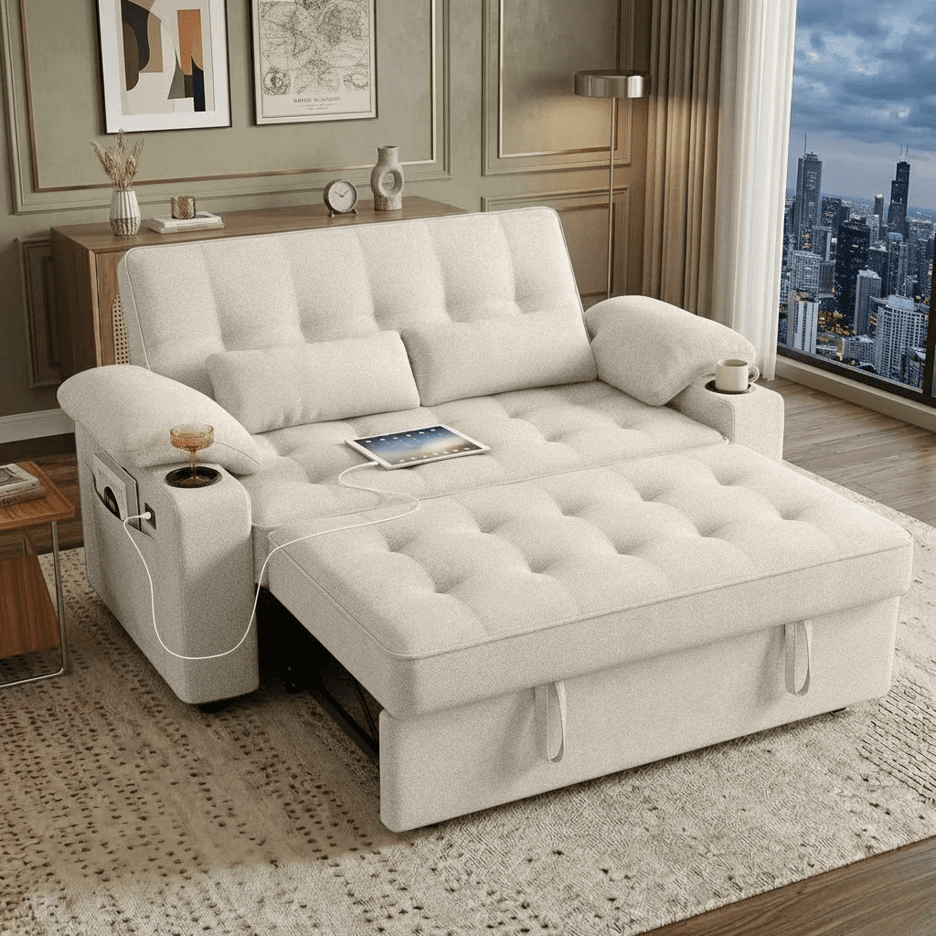 Howcool 58'' Convertible Sofa Bed with Pull-Out Bed, 3-in-1 Loveseat Sleeper Sofa, Adjustable Backrest, USB Port, Cup Holders and Side Pocket, Sofa Couch for Living Room,Beige