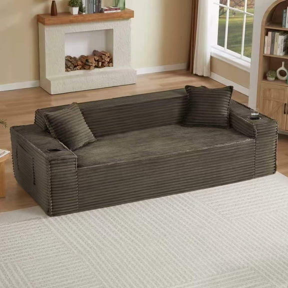 80.7" Boneless Sofa Couches with Cup Holder,3 Seat Couch with Side Pocket, Cloud Couch for Compact Living Rooms, Apartments，Brown