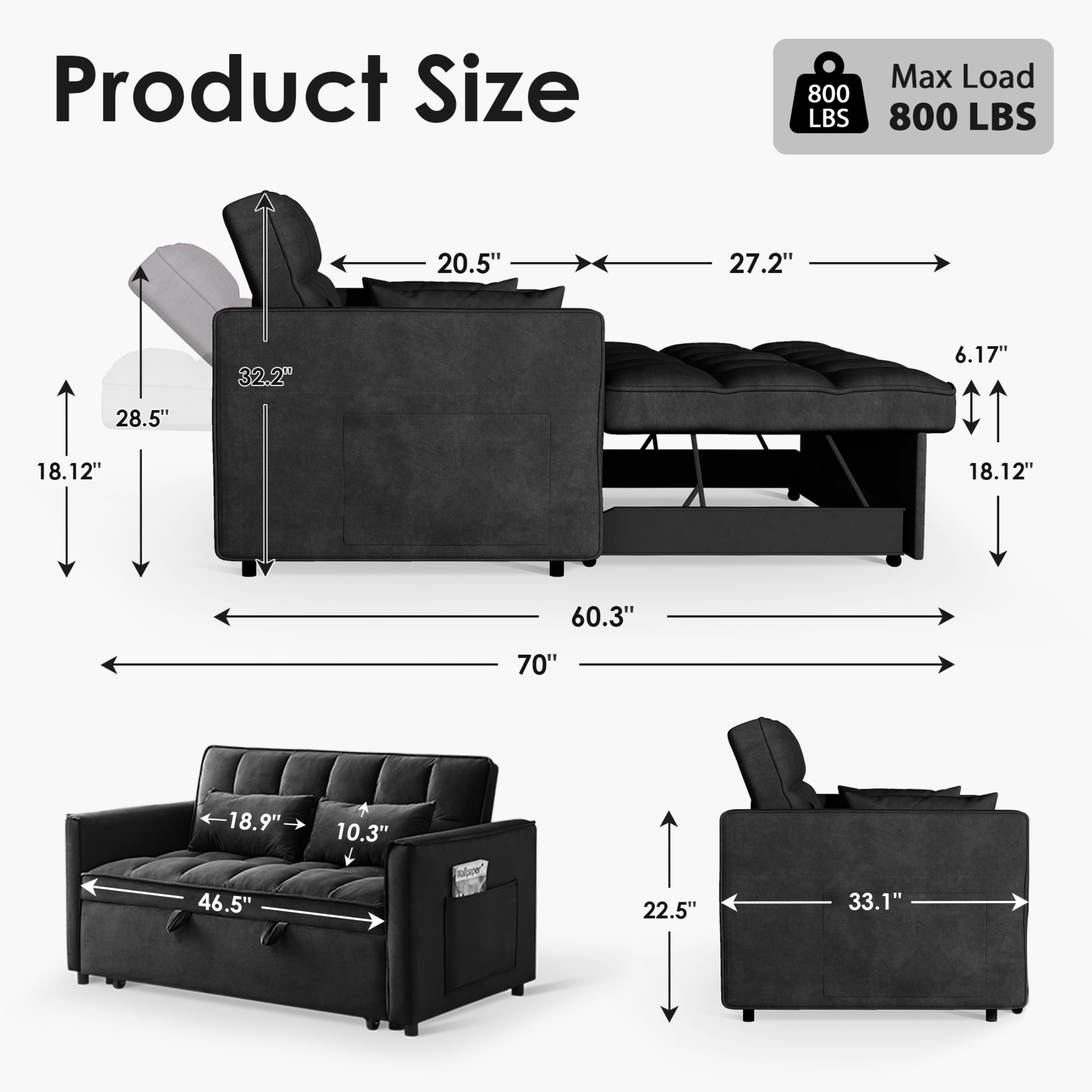 Howcool Convertible Sofa Bed, 3-in-1 Modern Velvet Pull-Out Couch with Side Storage Pocket and Adjustable Backrest, Beige
