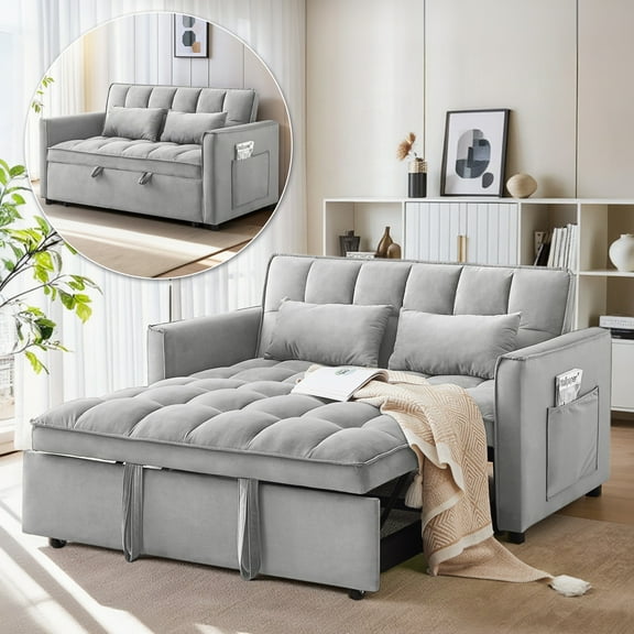 Howcool Convertible Sofa Bed, 3-in-1 Modern Velvet Pull-Out Couch with Side Storage Pocket and Adjustable Backrest, Gray