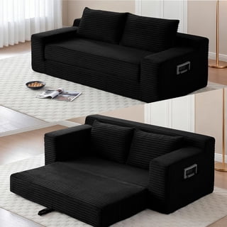 Howcool 73" Boneless Loveseat Sleeper Sofa,2 in 1 Pull Out Convertible Corduroy Floor Couch with Side Storage Pockets & 2 Throw Pillows,Foldable Guest Couch for Living Room,No Assembly Required,Black