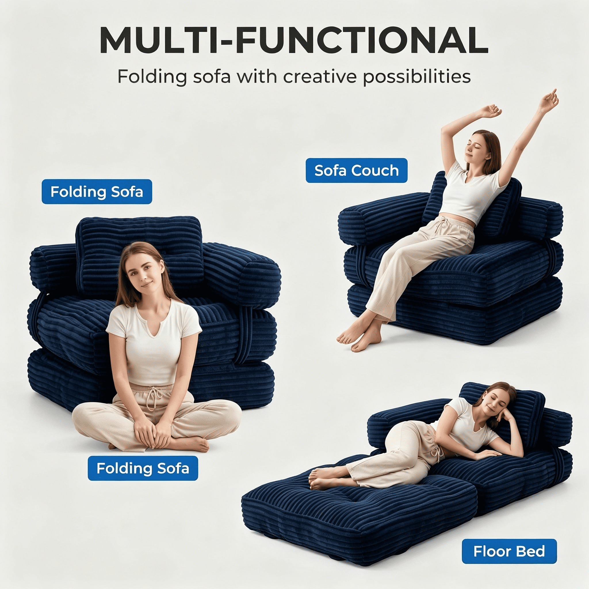 Howcool Corduroy Folding Sofa Bed,3 in 1 Convertible Sleeper Chair with Pillow & L-shaped Lumbar Pillow,Boneless Floor Sofa Couch Lounge Chair for Living Room Dorm,Navy